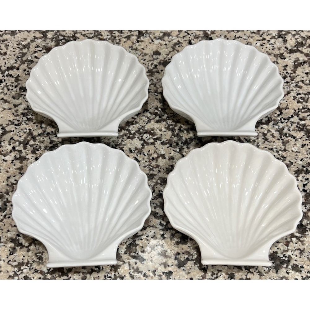 Lot of 4 Vtg White Scallop Shell Baking Dish Oven Proof Japan Trinket Soap Dish